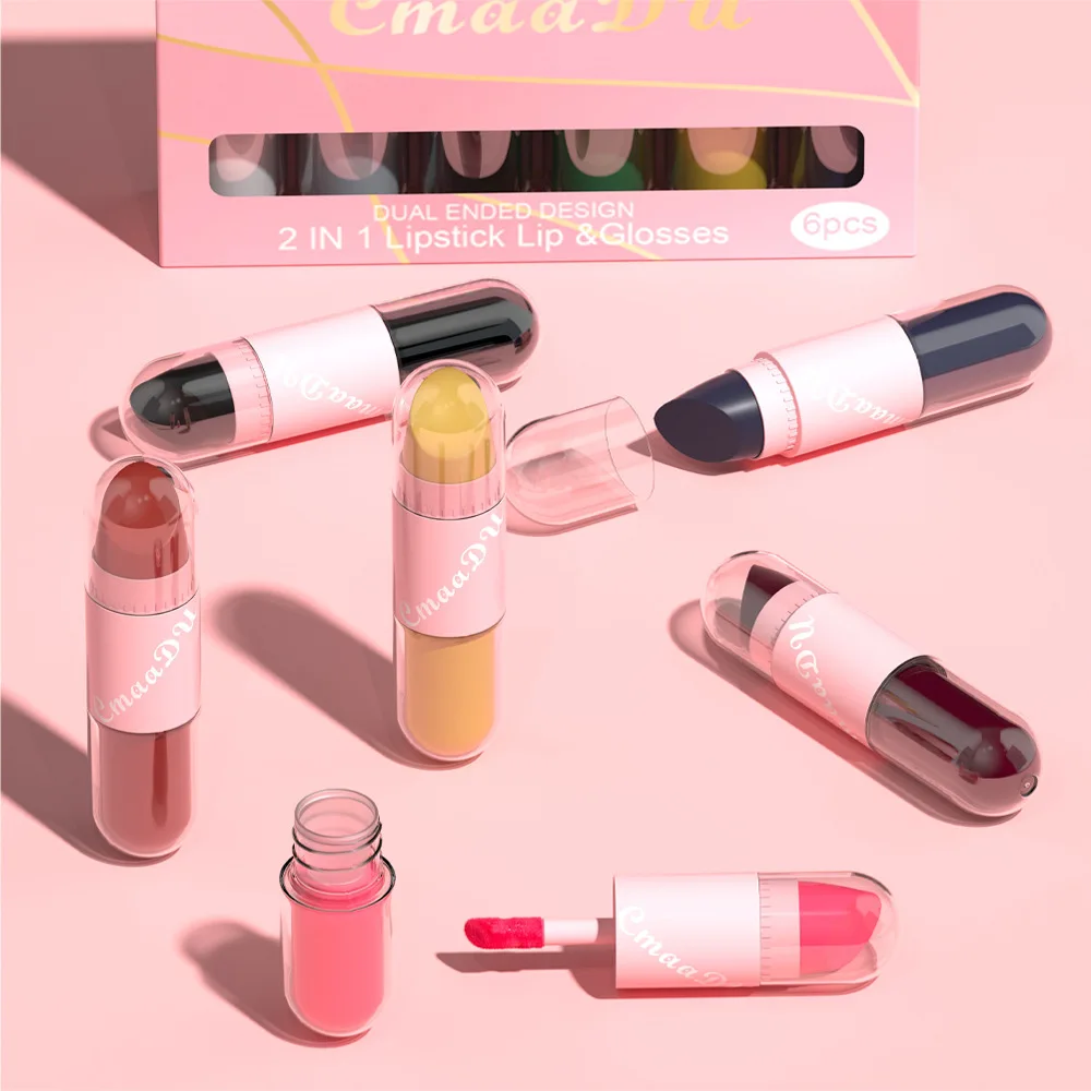 Juego de brillo de labios de doble punta, 6 uds., acabado mate y brillante, resistente al agua, de larga duración para uso diario y regalo navideño, belleza