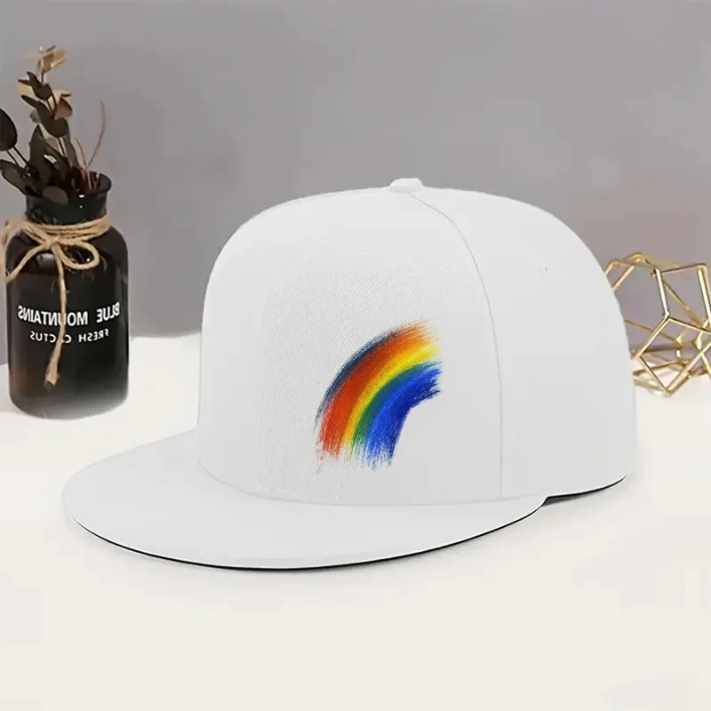 2D Flat - 1pc Rainbow Graffiti Print Flat-Brim Cap, Adjustable Unisex Casual Street Hat for Multi-Scene Wear, Perfect Gift
