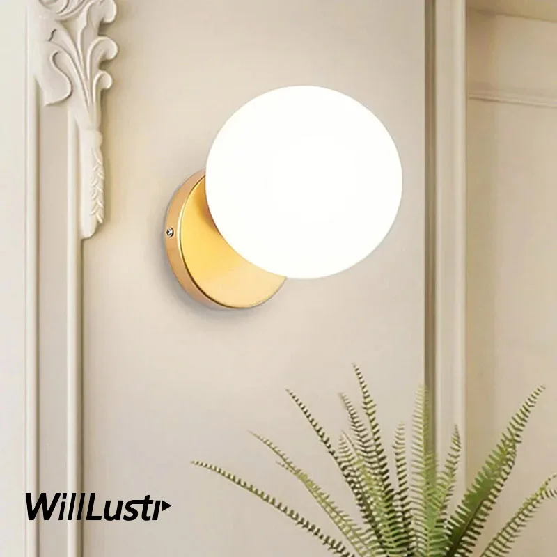 

Milk White Glass Wall Lamp Minimalist Globe Sconce Hotel Cafe Aisle Porch Living Room Bedside Balcony Creative Lighting