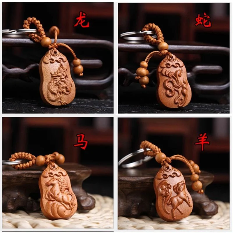 سلسلة مفاتيح مع قلادة ، مصنوعة من الخشب ، البروج ، الماوس ، البقر ، النمر ، الأرنب ، التنين ، الثعبان ، الحصان ، الأغنام ، القرد ، الدجاج ، الخنزير ، سلسلة مفاتيح السيارة
