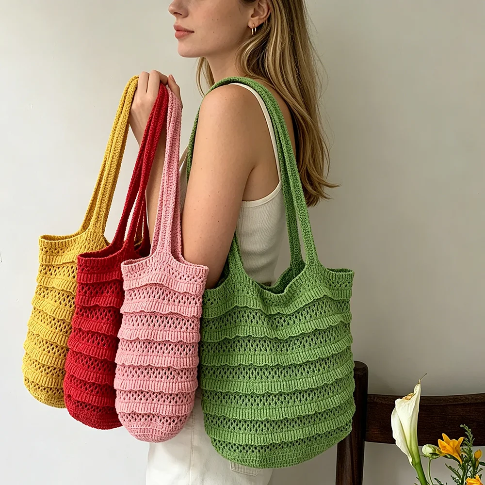 

Crochet Tote Bag Handmade Hollow Out Knitted Shoulder Bag Summer Beach Mesh Net Handbag Large Capacity Shopping Purse for Women