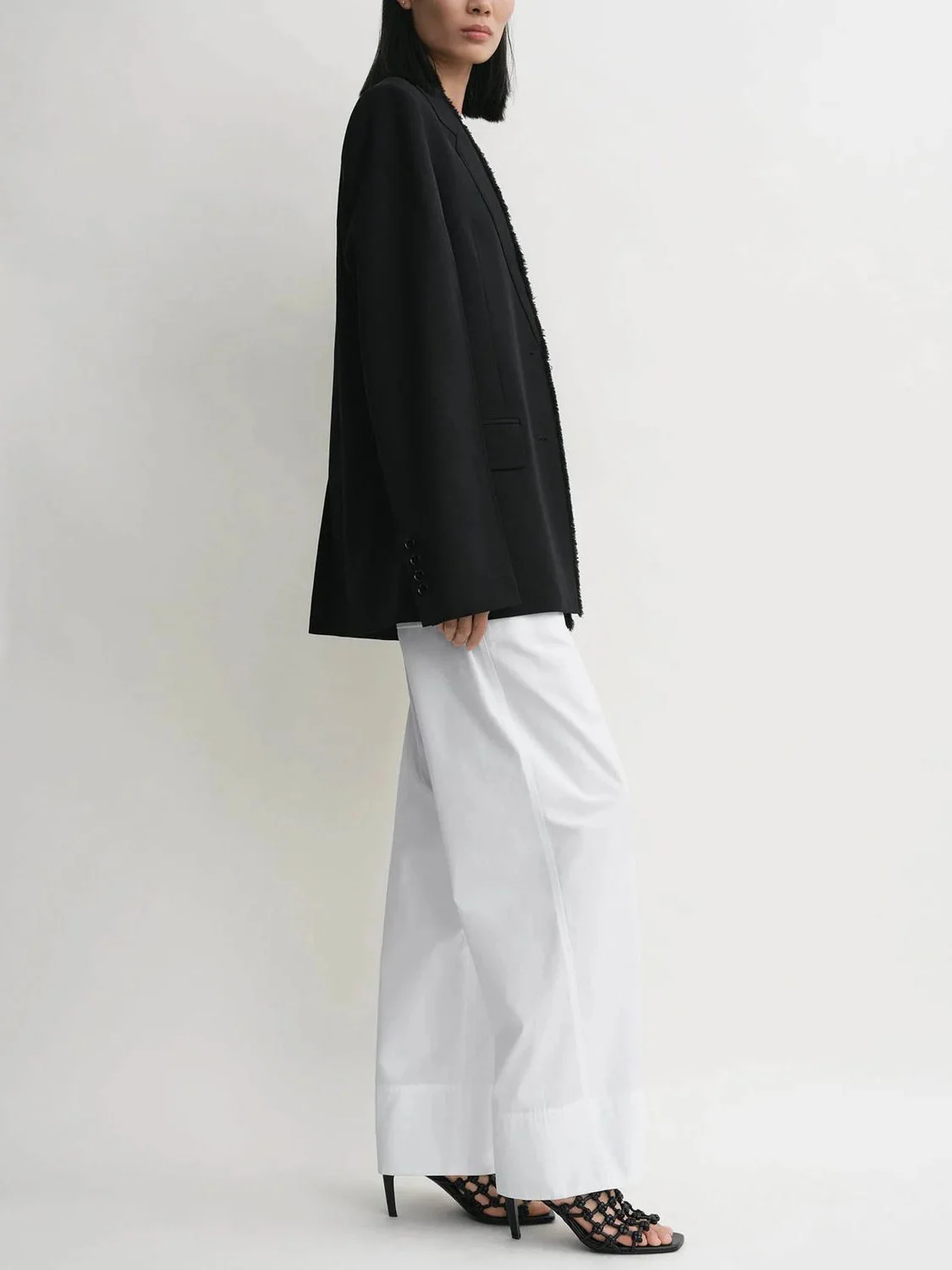  Black Tailored Women's Long Sleeve V-Neck Commute Coat Single Button Loose Fit Cotton Blend Fabric Premium Feeling