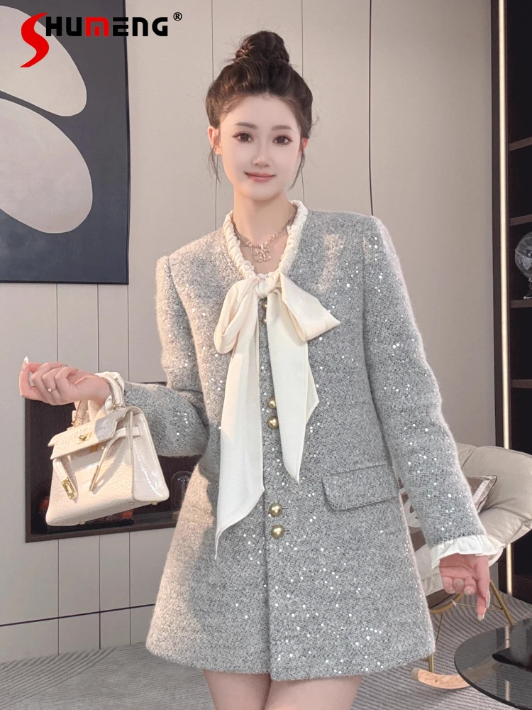 

Women's 2024 Bow Long-sleeve Medium Long Tweed Small Fragrant Down Jacket Coats Trendy Feminine High Street Sequins Chic Blends