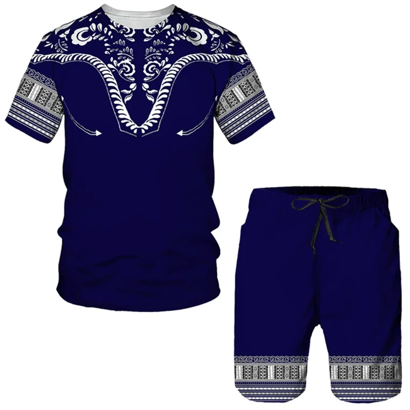 2 peça conjunto outfits africano dashiki vintage 3d impressão das mulheres dos homens de manga curta camiseta calças curtas terno treino roupas masculinas