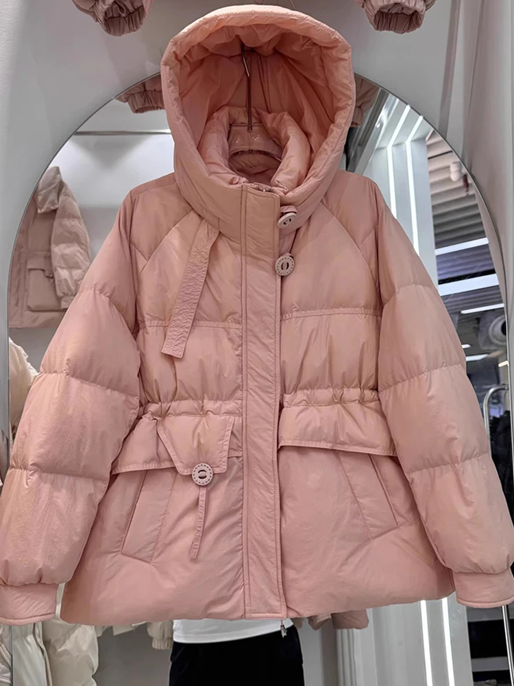 

Winter new short style down jacket women's hooded round buckle ribbon thickened waist slimming and warm duck down jacket
