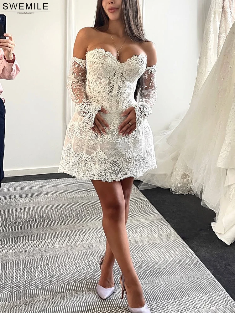 SWEMILE Mini abiti da sposa senza spalline in pizzo 2025 Una linea maniche lunghe Ossa Abiti da cerimonia per feste formali Abito da sposa personalizzato