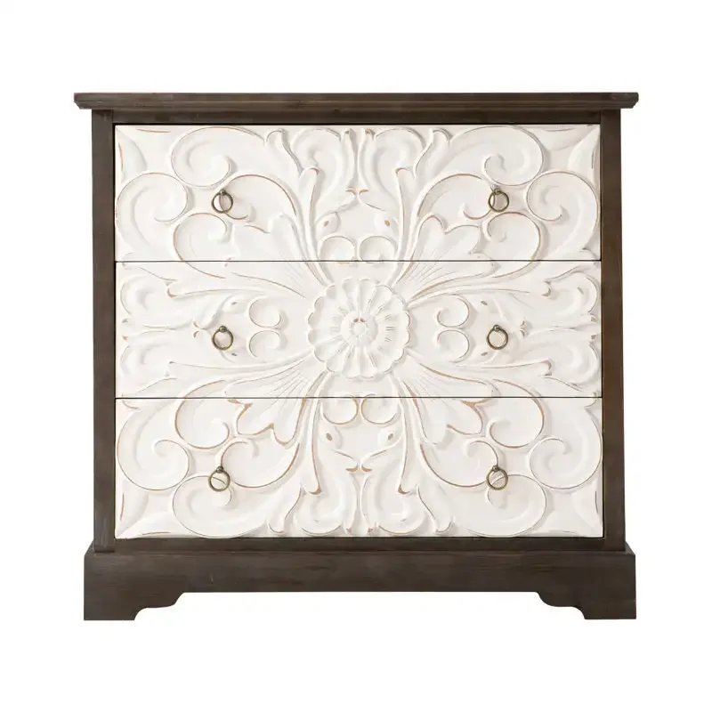 Contemporary carved wood three-drawer dresser with a floral pattern on the front for bedroom and living room storage or storage