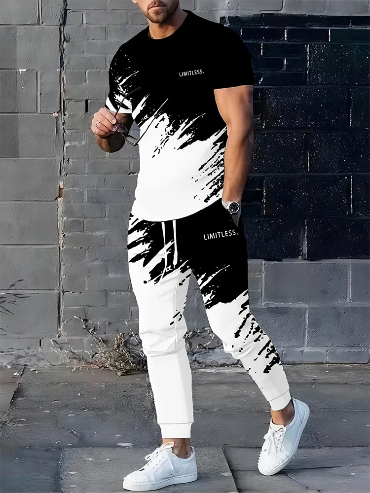 Simple couronne 3D imprimé décontracté hommes mince à manches courtes et pantalons longs, rue urbaine décontracté hommes 2 pièces mince pantalons longs ensemble