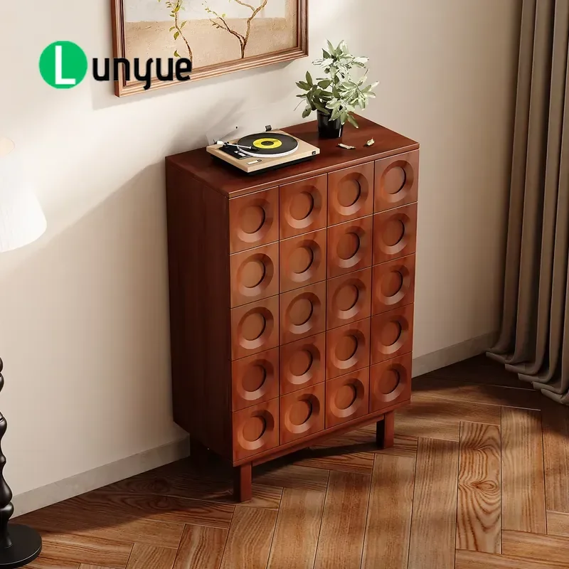 Mid Century Modern Modular Solid Oak 6 Drawer Locker Vintage Round Pattern Storage Cabinet for Bedroom Warehouse Home