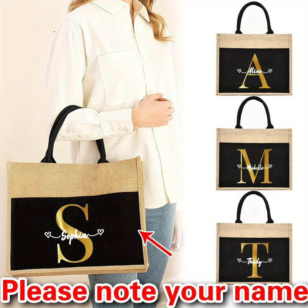 

Customizable Name Women's Shopping Bag Reusable Linen Handbag Grocery Shopping Bag Gold Letter Pattern Series