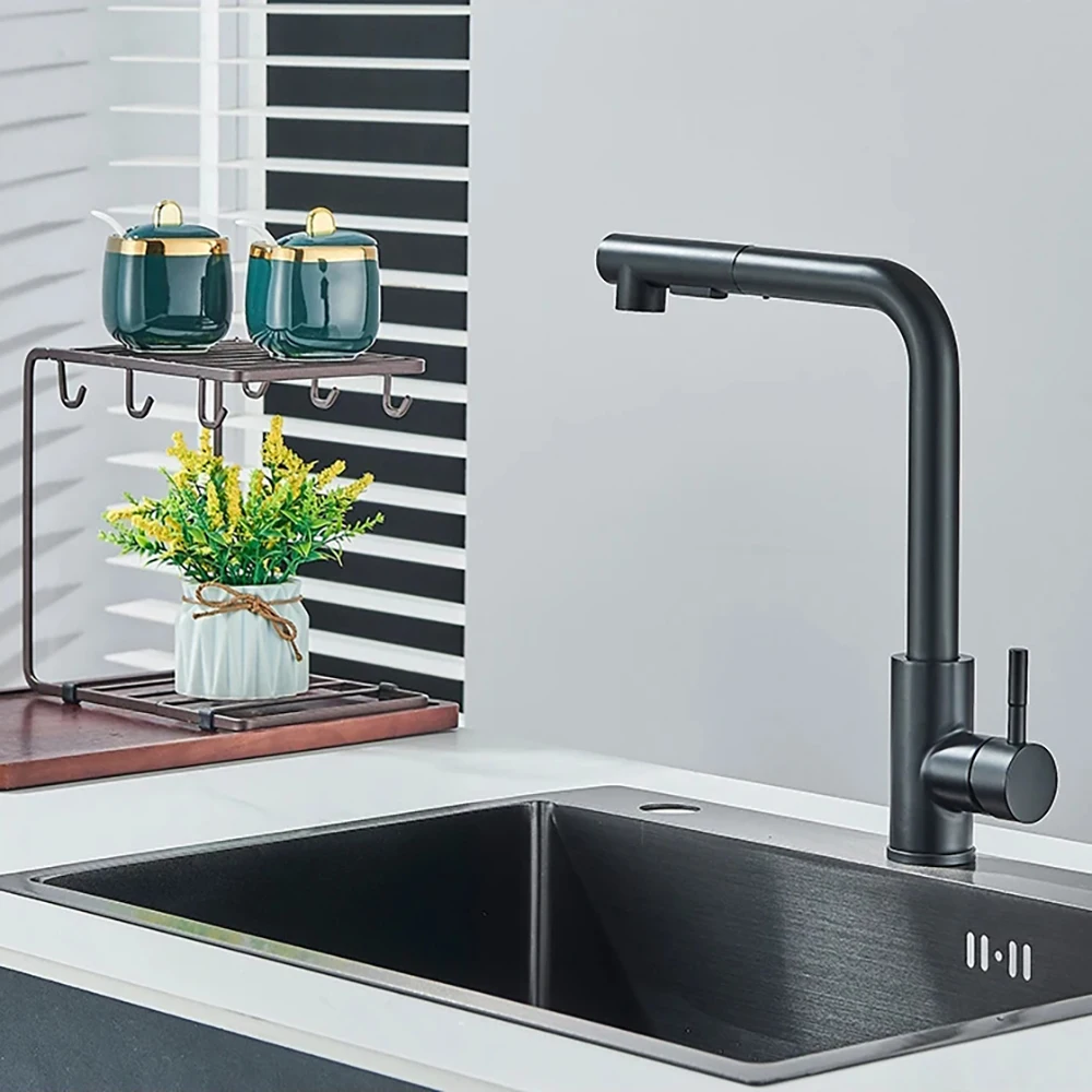 شحن مجاني أسود سحب صنبور حوض المطبخ اثنين نموذج تيار فوهة البخاخ الفولاذ المقاوم للصدأ الساخن الباردة صنبور حوض خلاط سطح السفينة