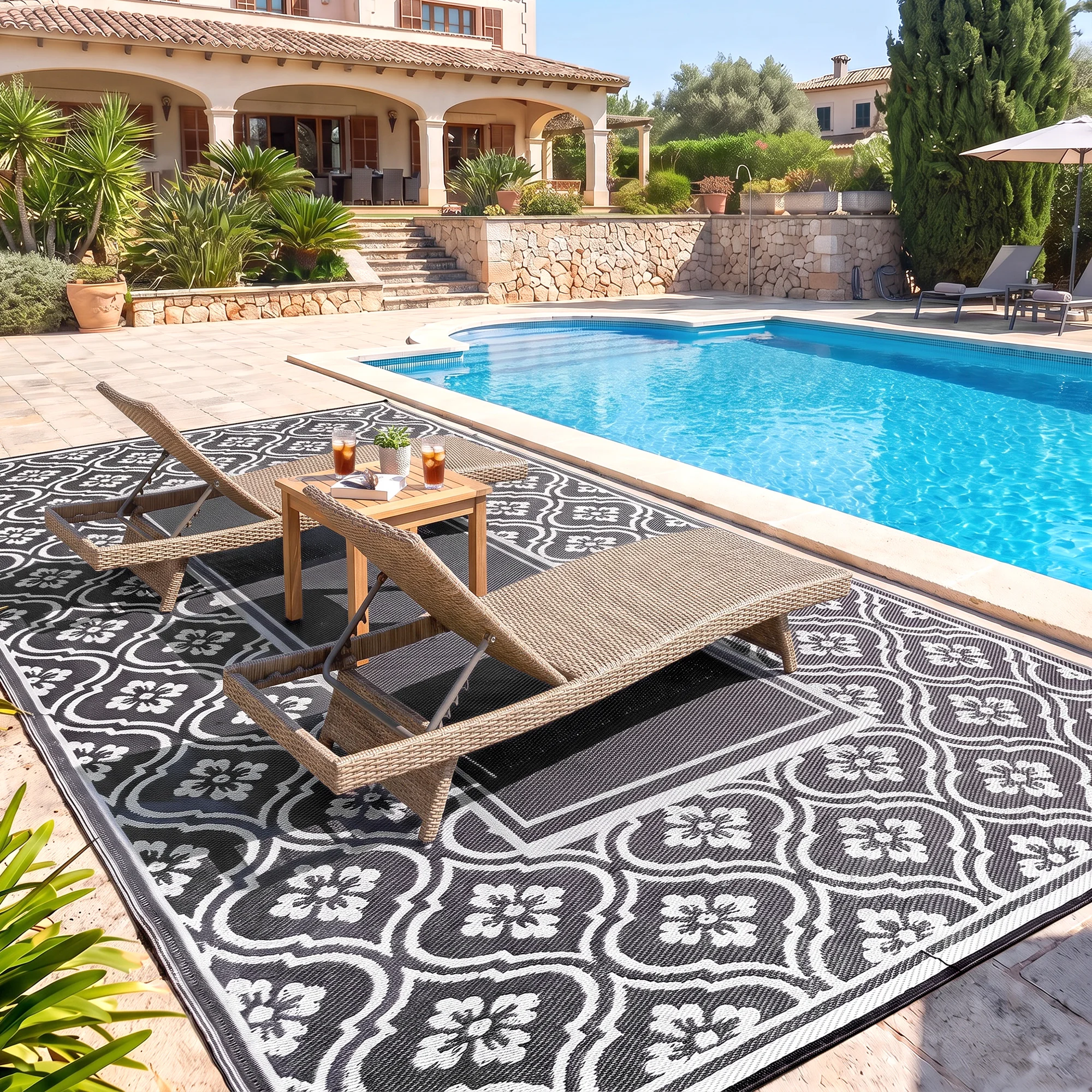 9' x 18' Outdoor Area Rug Black Gray Gourd Border Floor Mat Large Decorative Carpet for Patio Backyard Garden Poolside