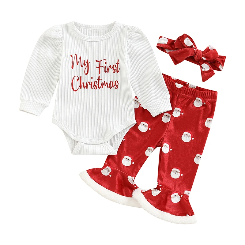 

2022-08-19 Lioraitiin 0-18M Infant Baby Girls Christmas Outfti Long Sleeve Letters Print Santa Claus Print Flare Pants Headband