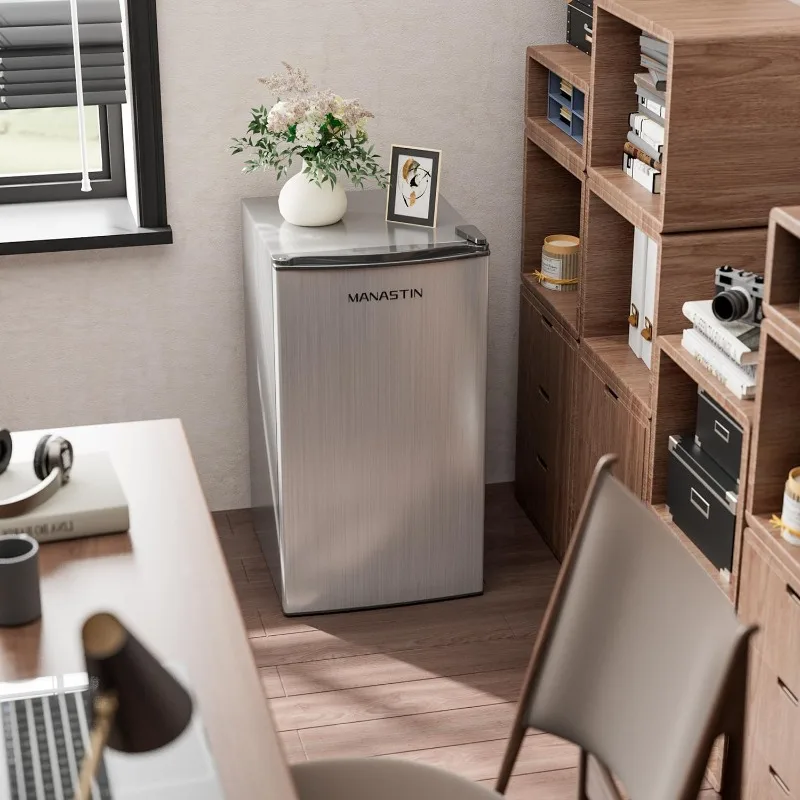 3.2 Cu.Ft Mini Fridge with Freezer, Single Door Mini Fridge, Adjustable Thermostat, Energy Saving Mini Refrigerator, Silver