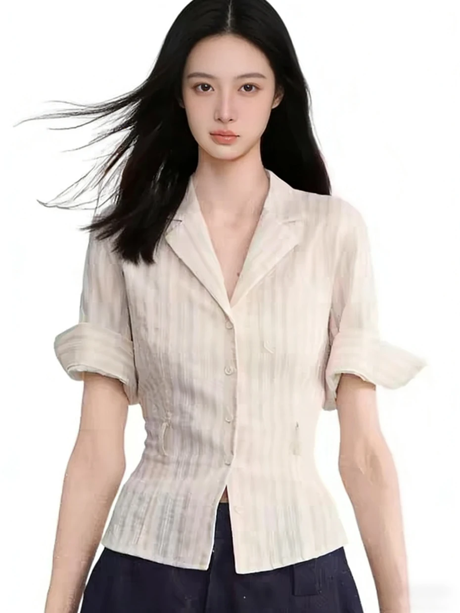 

Розовая полосатая рубашка с коротким рукавом, женская летняя приталенная рубашка с завышенной талией, укороченный топ в корейском стиле, модная повседневная одежда из полиэстера...