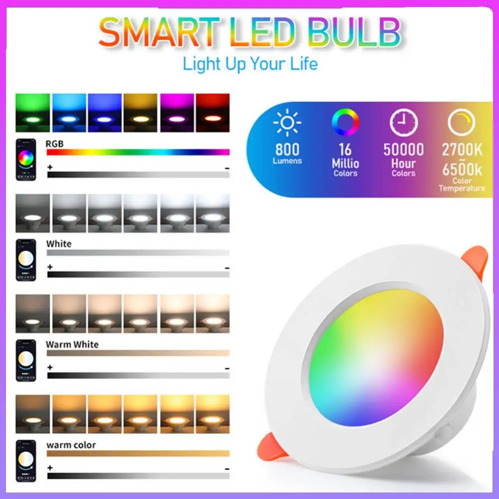 

10W RGB Smart Spotlight Bluetooth-Compatible Round Panel Light 2700K-6500K Recessed Down Light for Living Room Bedroom Decor