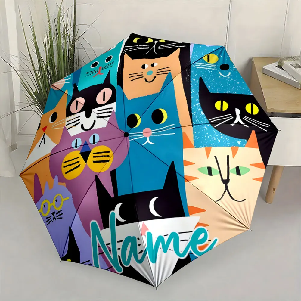 Custom Name Colorful Cat Umbrella Design with Playful Faces Print 8 Iron Ribs Folding Umbrella, Auto-Open Fashion Sunshade