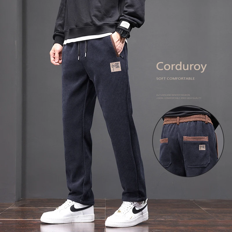 

Autumn Men's Casual Pants Corduroy Soft Comfortable Loose Straight Drawstring Casual Trousers Korean Fashion Clothes Black Gray