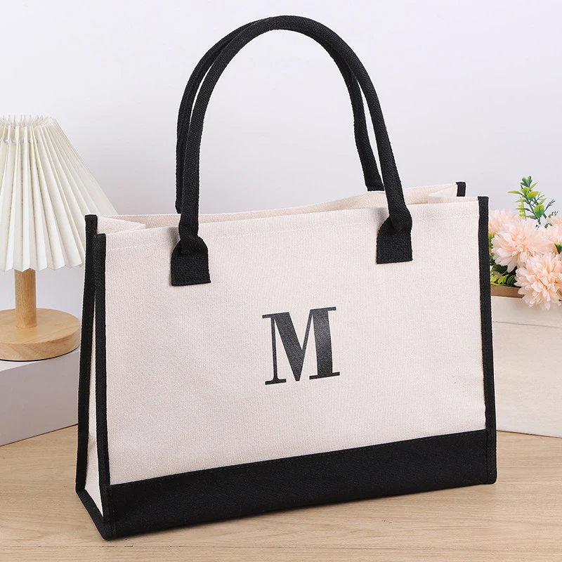 Cotton linen canvas letter tote bag beach bag fashion trend handbag canvas shopping bag