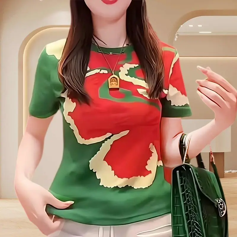 

2025 Summer Yuntingfu's Fashionable Contrasting Color Printed Round Neck Short-sleeved T-shirt Casual Commuting Versatile