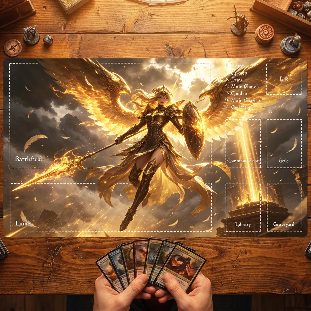 Blazing Golden Winged Angel TCG Playmat 35X60CM Spear Shield Ruins Battle Mat Non‑Slip Durable Stitched Edge Tabletop Playmat