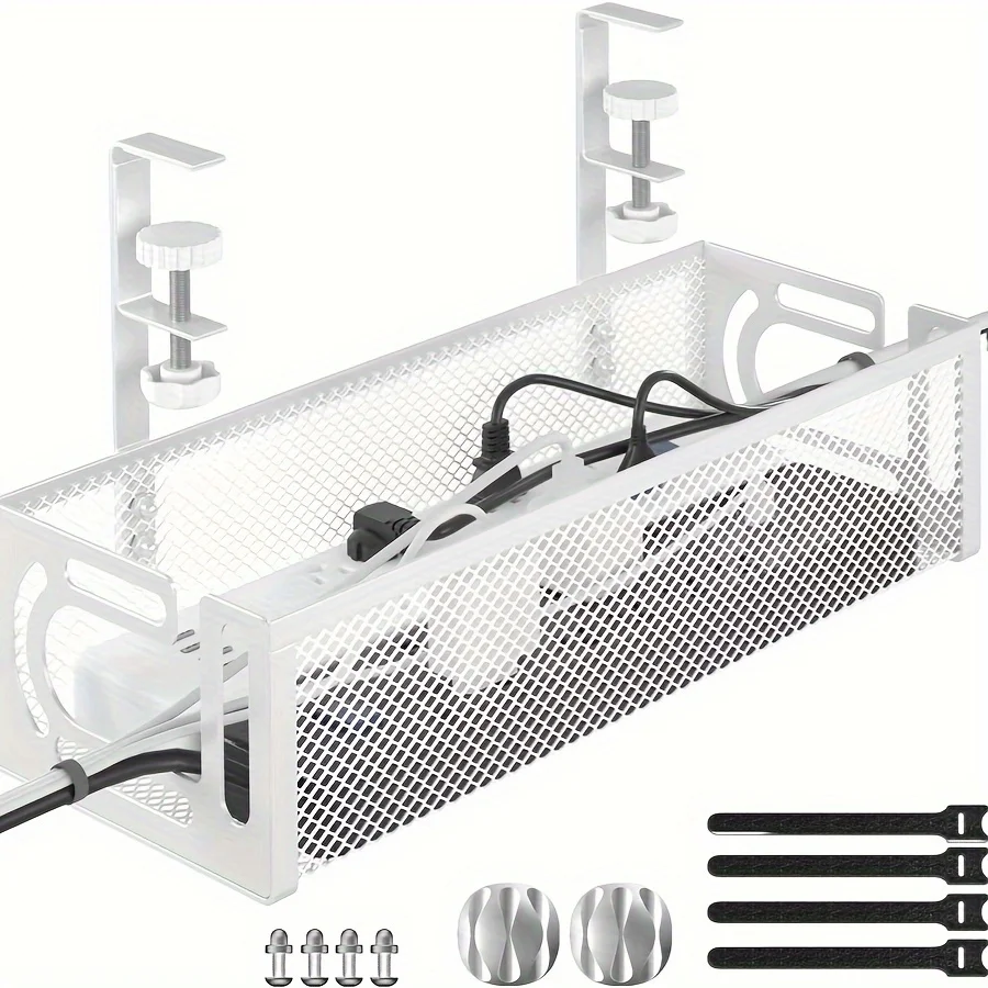 Classic Style Under-Desk Cable Organizer Rack, Easy-Install Metal Wire Mesh Storage Shelf for Power Strips & Routers