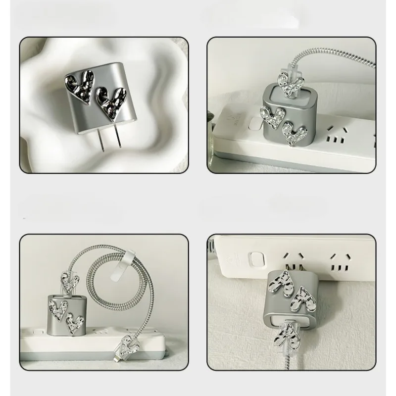 لطيف ثلاثية الأبعاد الفضة الحب القلب موجة الحدود كابل يو اس بي حامي غطاء آيفون 18 واط/20 واط كابل نقل بيانات دغة رئيس الحبل شحن سريع