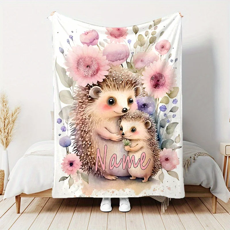 Customizable anime hedgehog mother and son fleece blanket, modern style,digital printing,suitable for all seasons, soft and warm