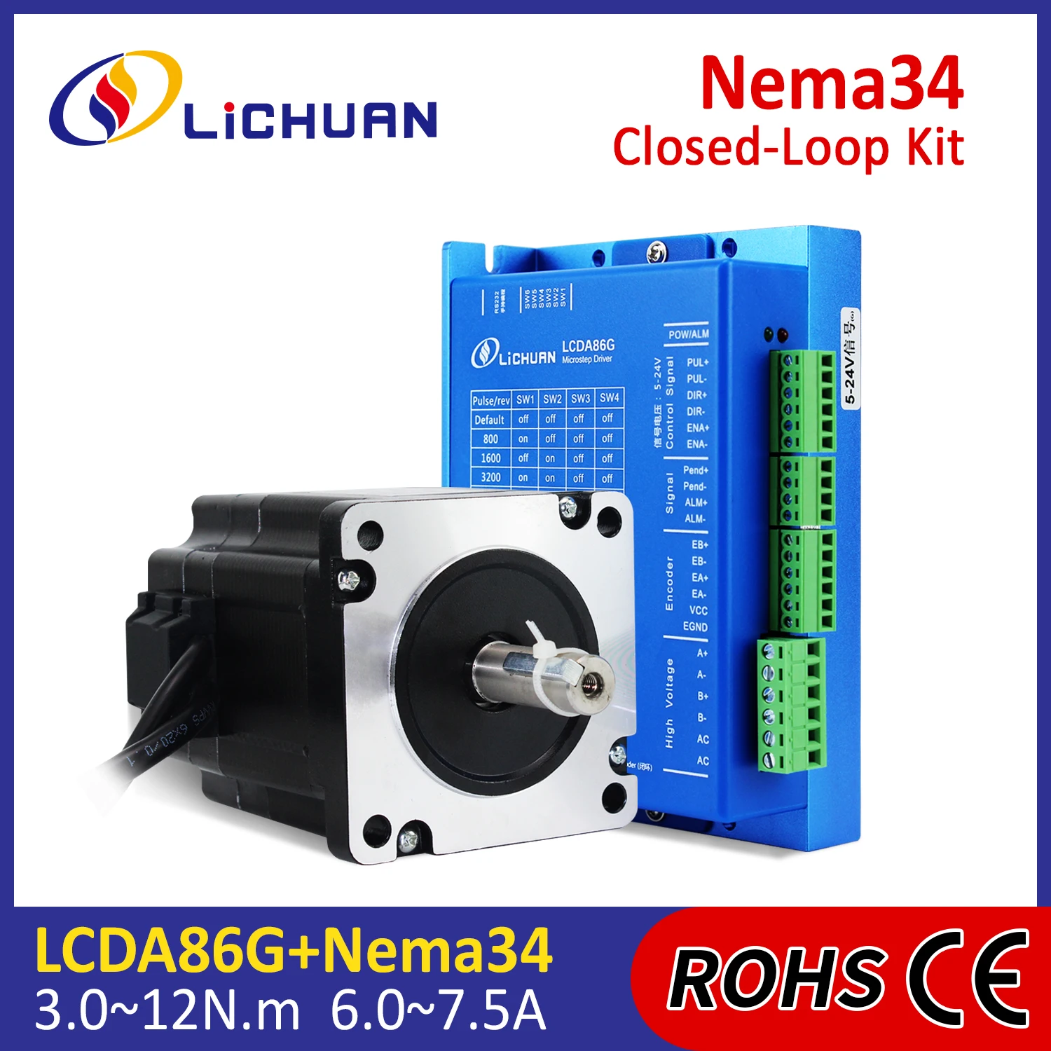 Lichuan Nema34 Closed Loop Stepper Motor Driver Kit 6A DC30V-100V/AC20V-70V Closedloop Stepper Motor 4.5Nm/6.5Nm/8.0Nm/10Nm/12Nm