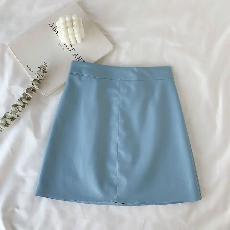 Solid Zipper Wrap Hip Leather Skirt Autumn Winter New Korean High Waist Mini Skirt Female Chic Sexy Club A-line Pu Skirts Women