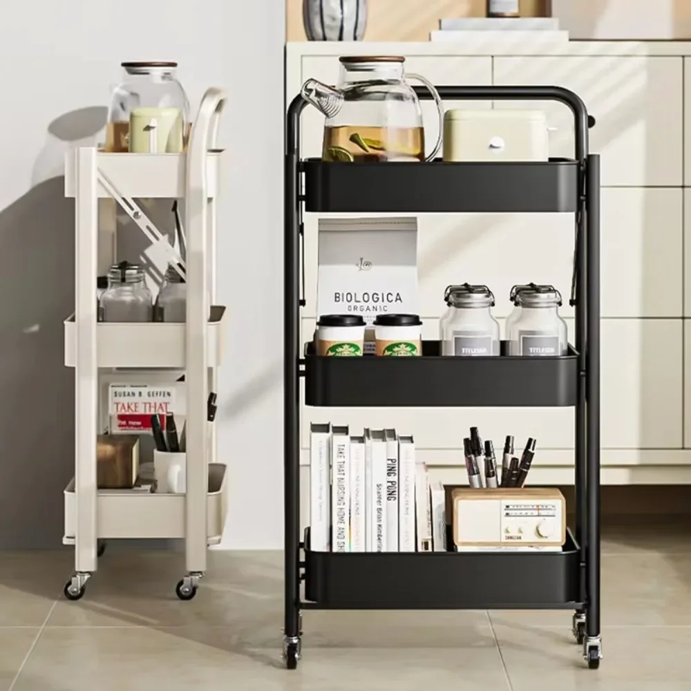 

Folding Storage Multifunctional 3 Tiers Trolley Rack Cart with Wheels Multi Storey Snacks Shelving Bedroom Kitchen Living Room