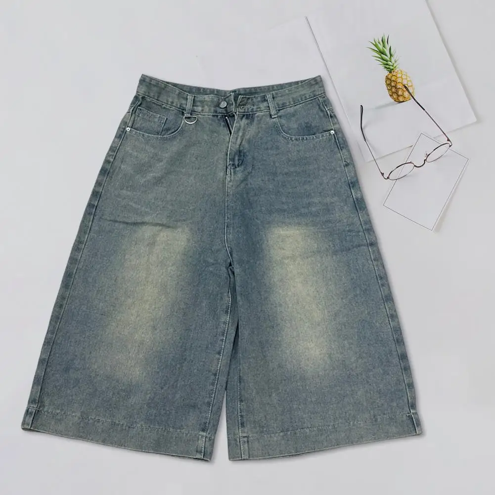 

Cropped Denim Jeans Men Denim Pants Stylish Men's Cropped Wide-leg Jeans with Retro Washed Finish Button Closure for A