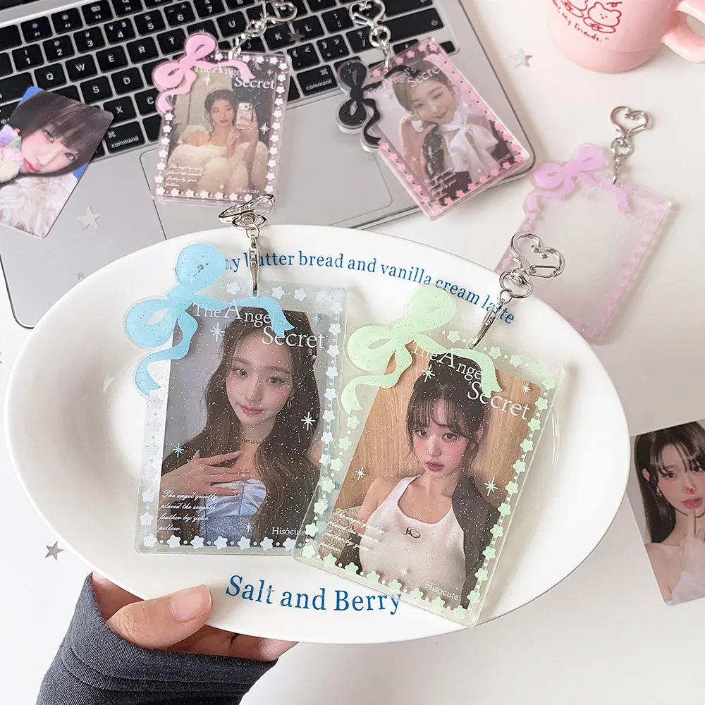 Kpop Fashion Acrylic Transparent Bow 3in Photo Card Holder Cute Girl Idol Photo Storage Card Bag Decorative Pendant KeychainGift - view 3