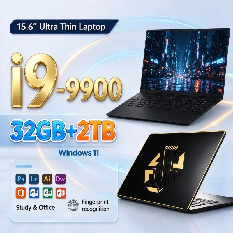 15.6'' Inch Portable Ultra‑Slim Notebook PC Intel I9‑9900 32GB RAM 1TB 2TB SSD 1080P HD Display Windows 11 Gaming Office Laptop