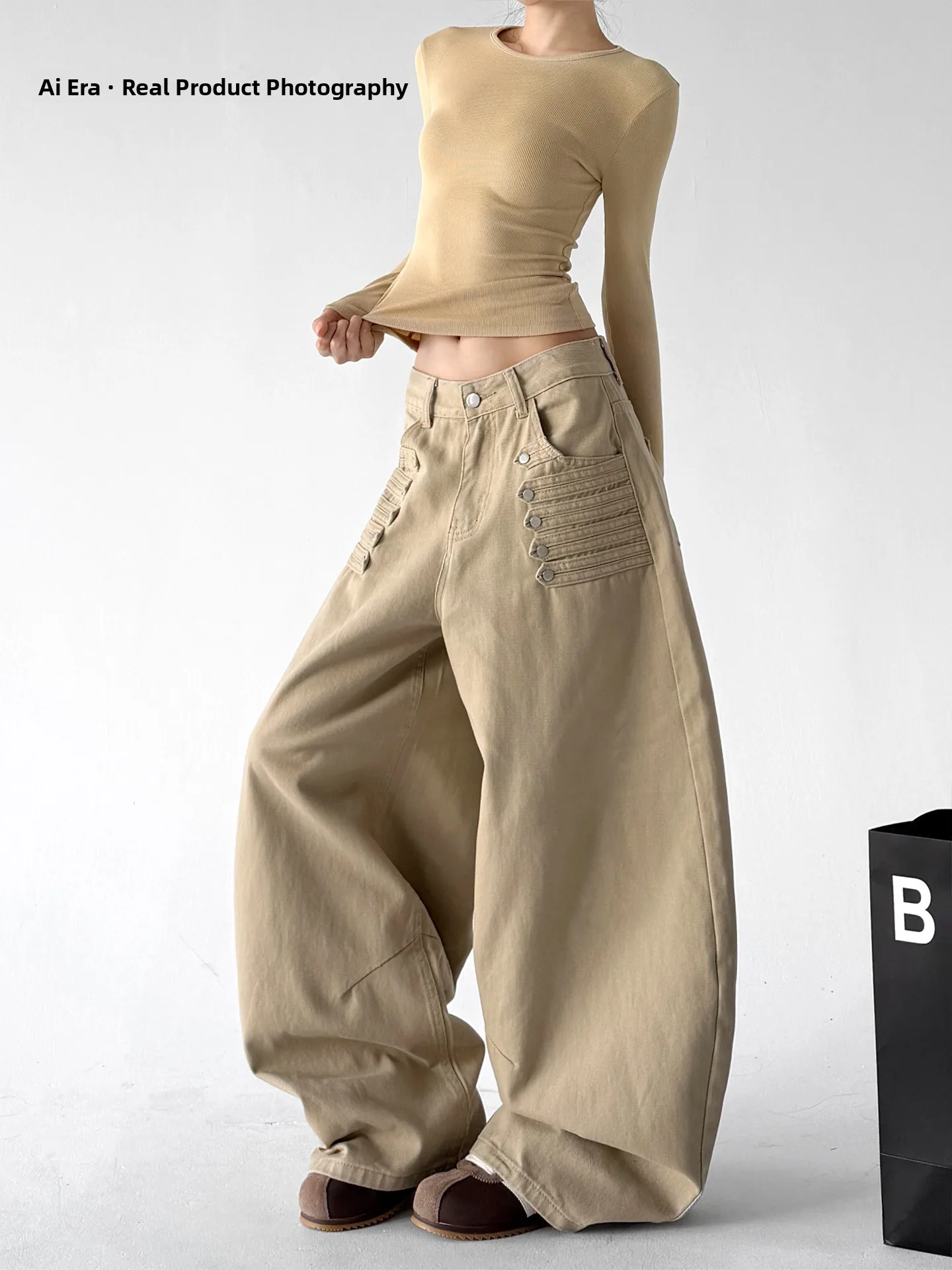 American Style Extended Casual Pants Women Khaki Color Multi-Button Loose Drapey Pants Autumn New Arrival City Walk Suitable