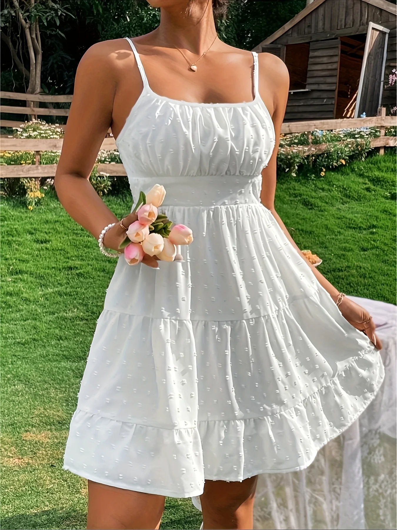 

Summer women's sexy waist-cinching ruffled plain color sleeveless camisole dress