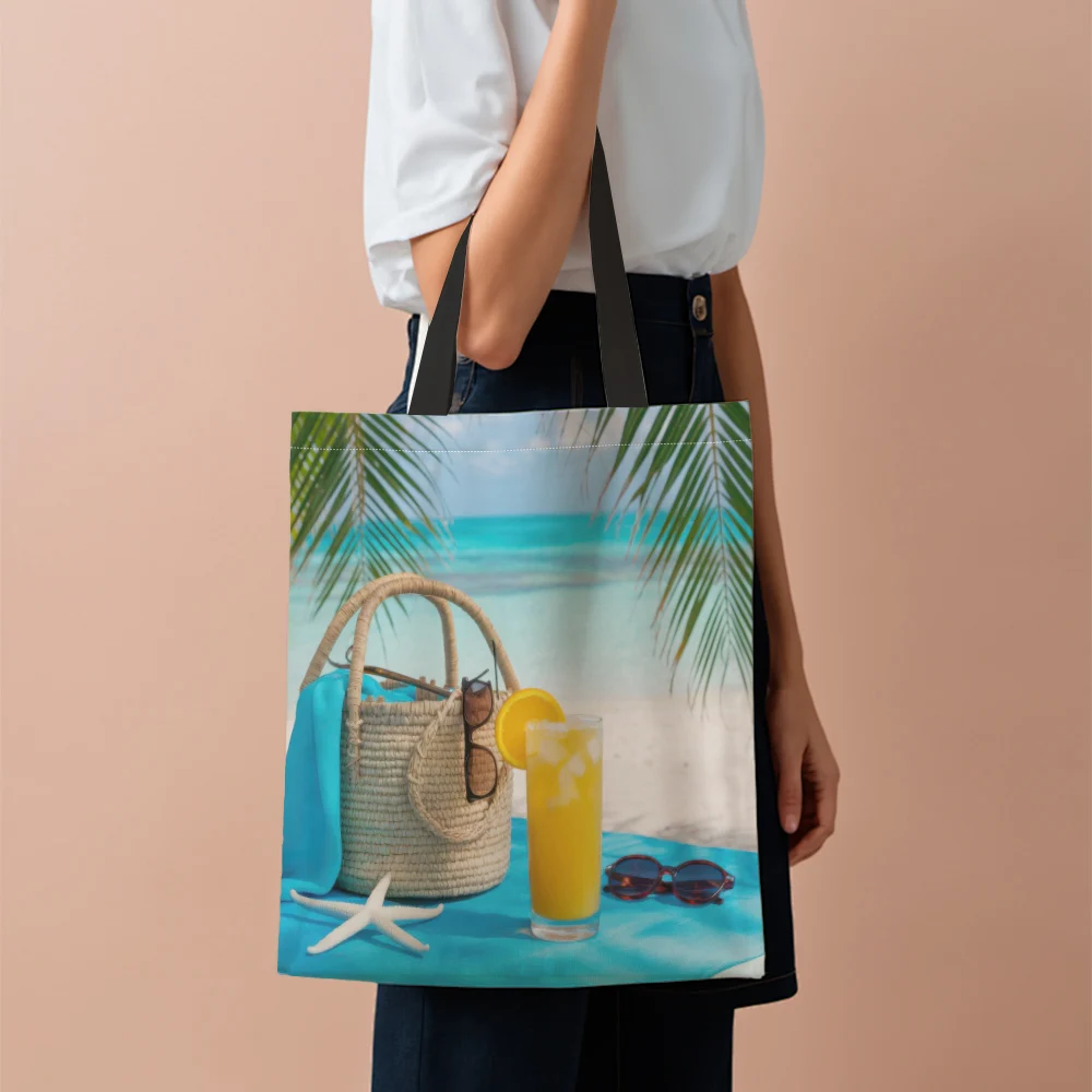 1Pc Chic Tropical Print Single Shoulder Bag Tote For Shopping School Durable Gifts For Mom Daughter Sister Wife