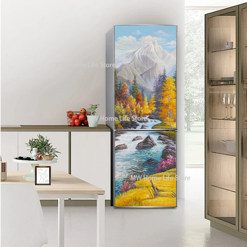 

Customizable Size Oil Painting Scenery Refrigerator Stickers 3D Mural Art Decoration Wine Cabinet Refrigerator Wallpaper