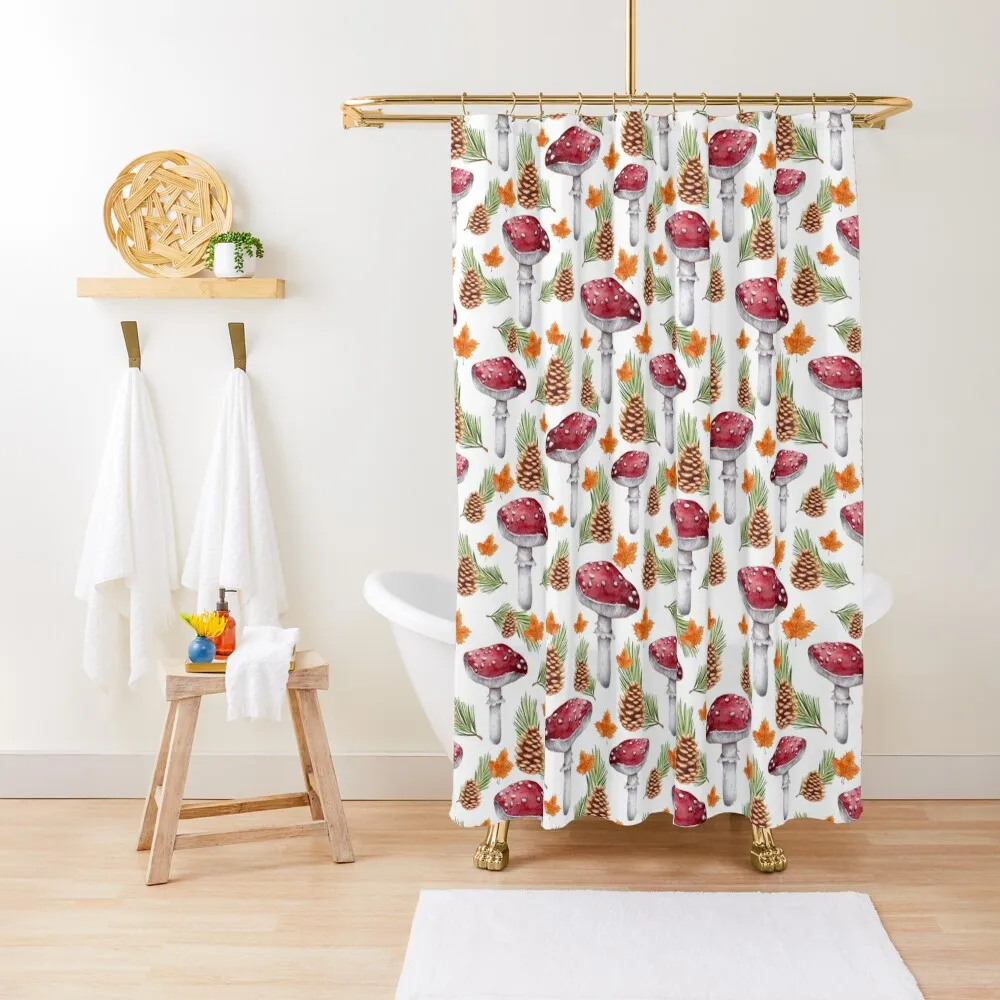 

Pinecones and Amanitas | Fall Mushroom Pattern | White background | Mushroom Bedding Shower Curtain For Shower Curtain