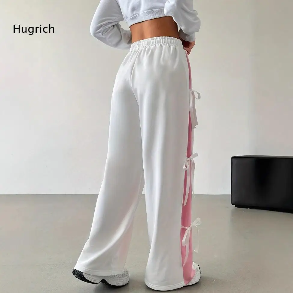 Women's High Waist Wide Leg Sweatpants Side Split Tie Up Casual Loose Trousers Streetwear Color Block Long Pants Autumn Winter