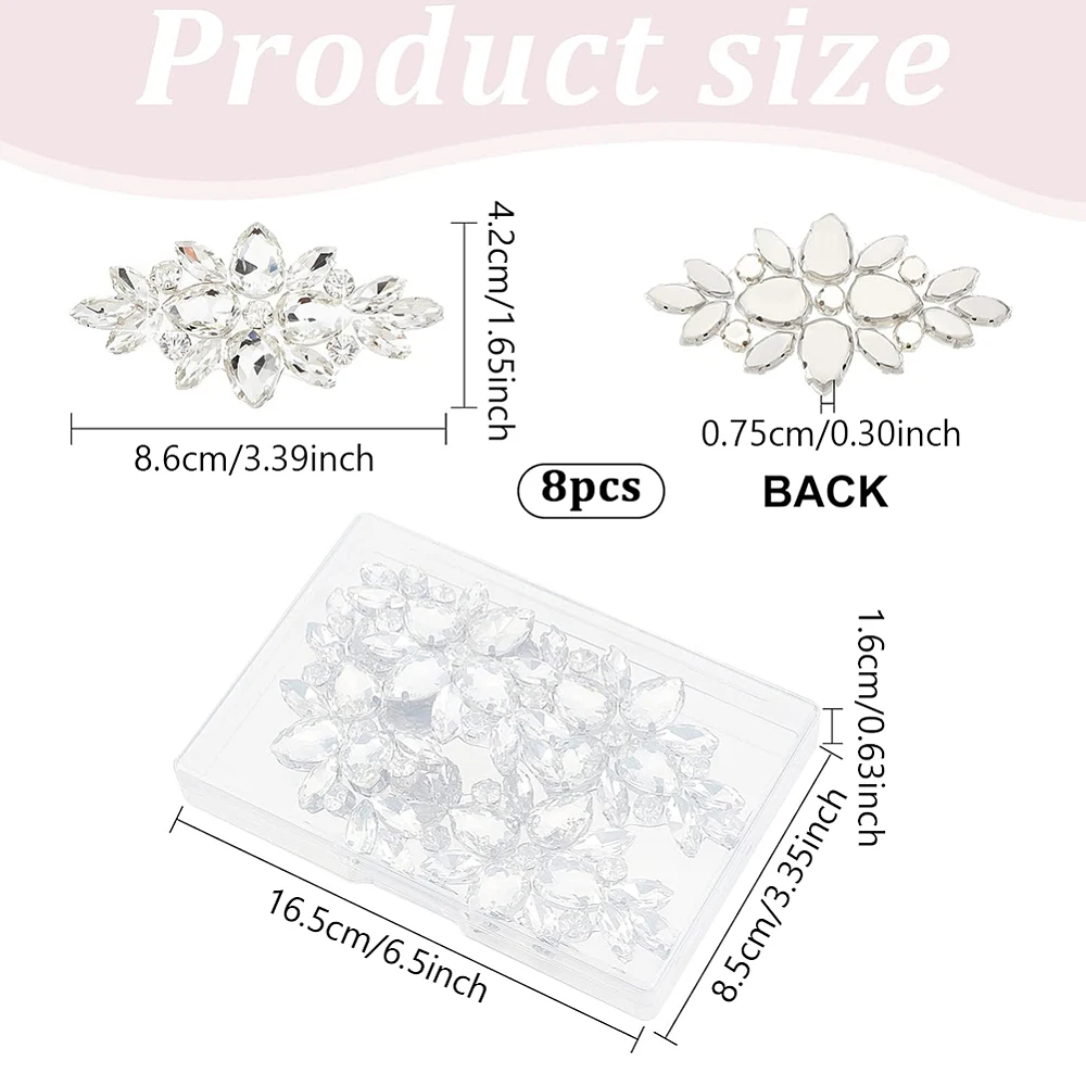 8PCS Flower Glass Rhinestone Appliques Clear Flower Glass Rhinestones Appliques Iron on/Sew on Rhinestone Patch for Wedding