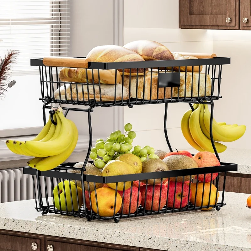 

Fruit Storage Rack Living Room Double Layer Detachable Snack Storage Rack Tray wooden Handle Portable Vegetable And Fruit Basket