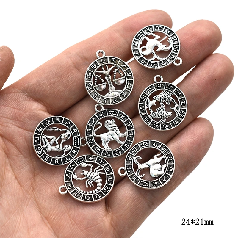 12pcs Mixed Tibetan Zodiac Charms Alloy Metal Twelve Constellation Zodiac Sign Pendants For DIY Necklace Bracelet Jewelry Making