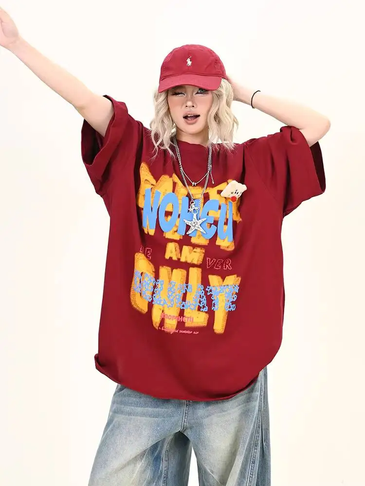 

Unisex Loose T-shirt 2026 Summer Women Wine Red Stereo Letter Print Short Sleeve T Shirt Loose Casual Stylish Daily Street Tops