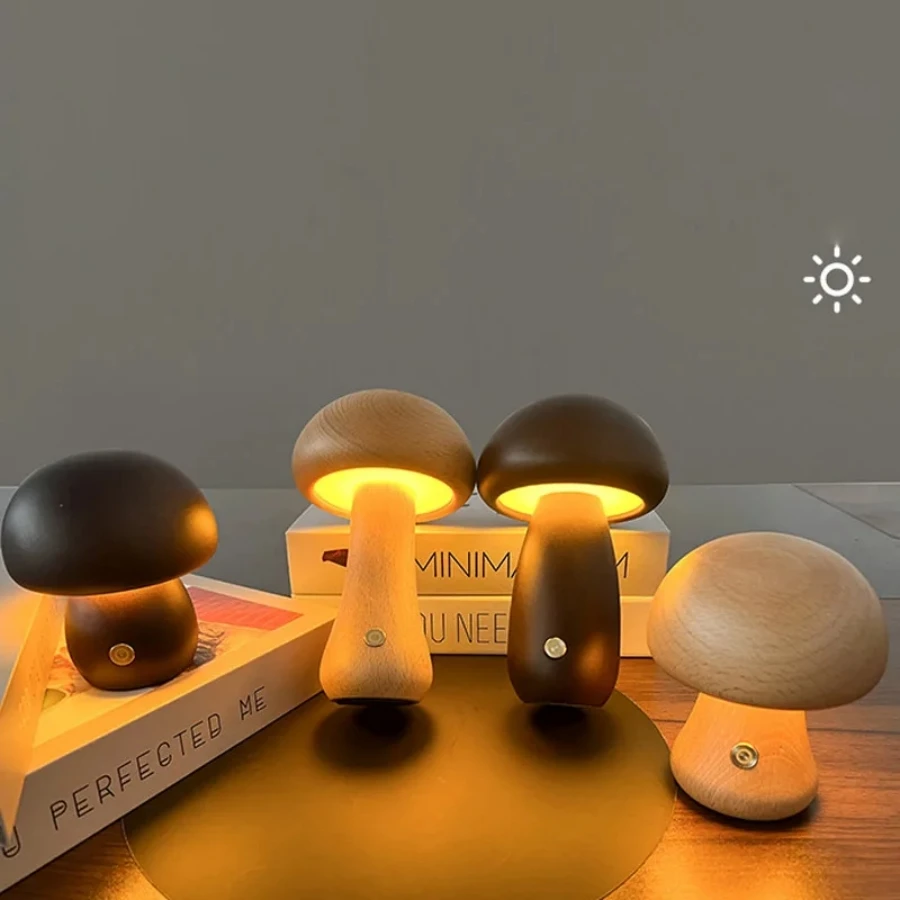 

Wooden Table Lamp USB Rechargeable Night Light Mushroom Led Desk Lamp For Bedroom