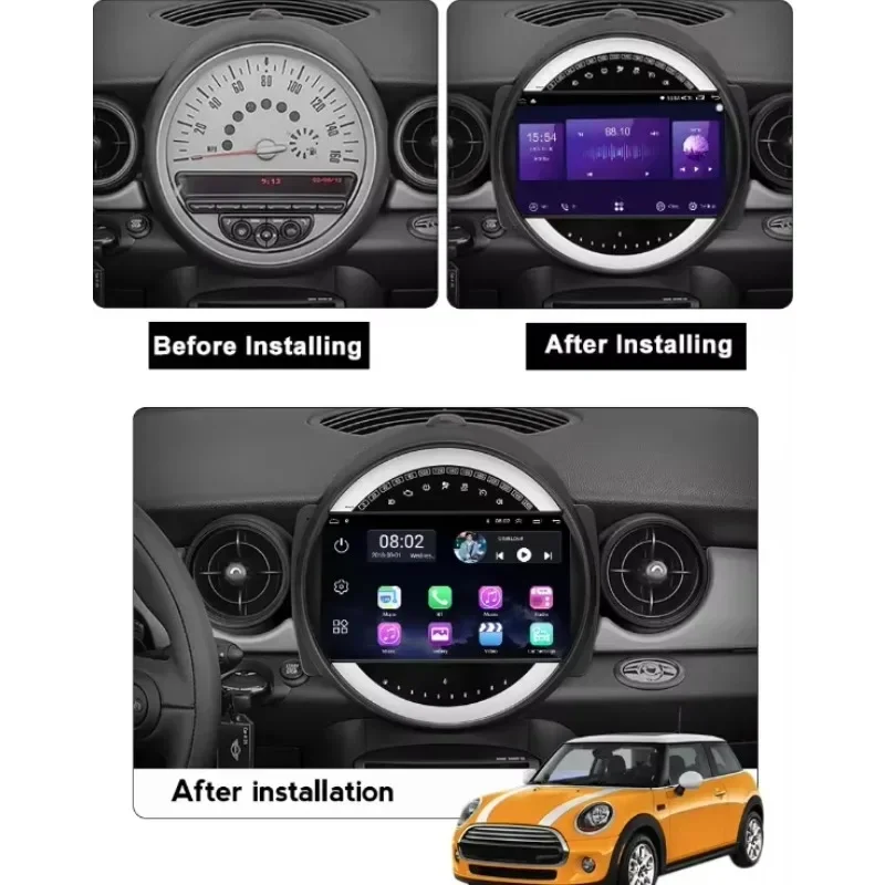 ل 2007-2014 BMW Mini Cooper R56 Android 13 نظام ملاحة داخل السيارة 9 بوصة مدمج مع CarPlay + Android Auto / 2 + 32G