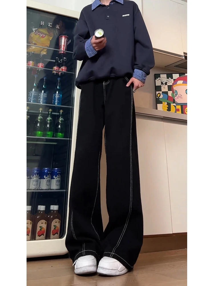 

Cleanfit Men's High Waist Straight Leg Jeans Autumn Winter High Street American Black Flared Pants Decorative Stitching