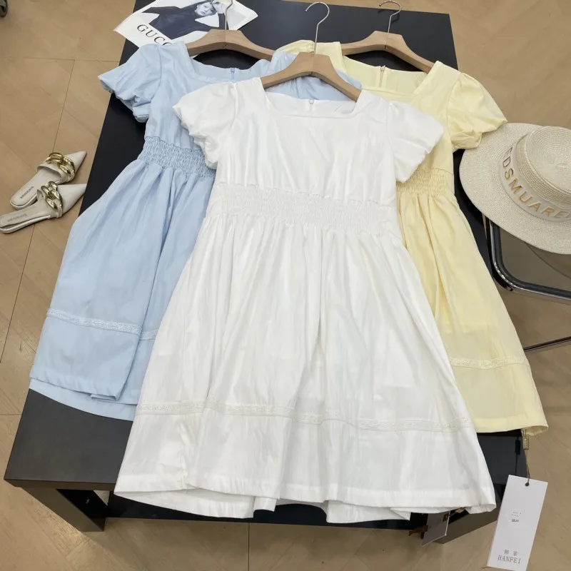 Vestido Tubo Recto Entallado, Color Puro, Cuello Cuad, Cintura Elástica, Manga Corta, Falda Midi, Estilo Simple, Vestido ...