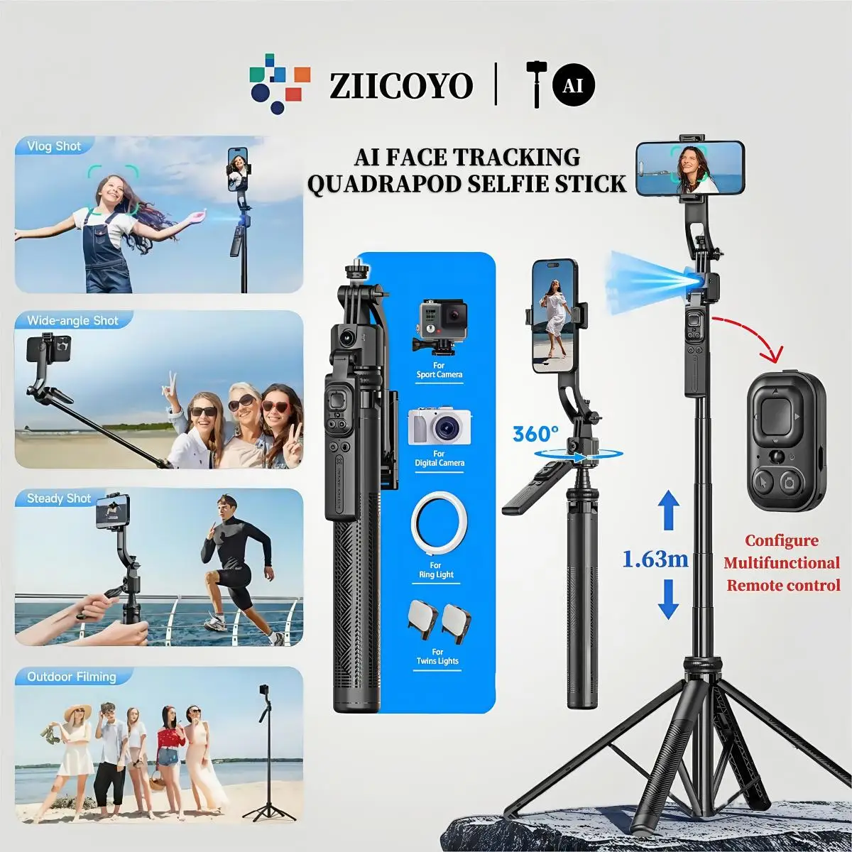 

ZIICOYO AI Smart Face Tracking Gimbal 2 In 1 Selfie Stick, Four-Legged Smartphone Bluetooth Selfie Stick