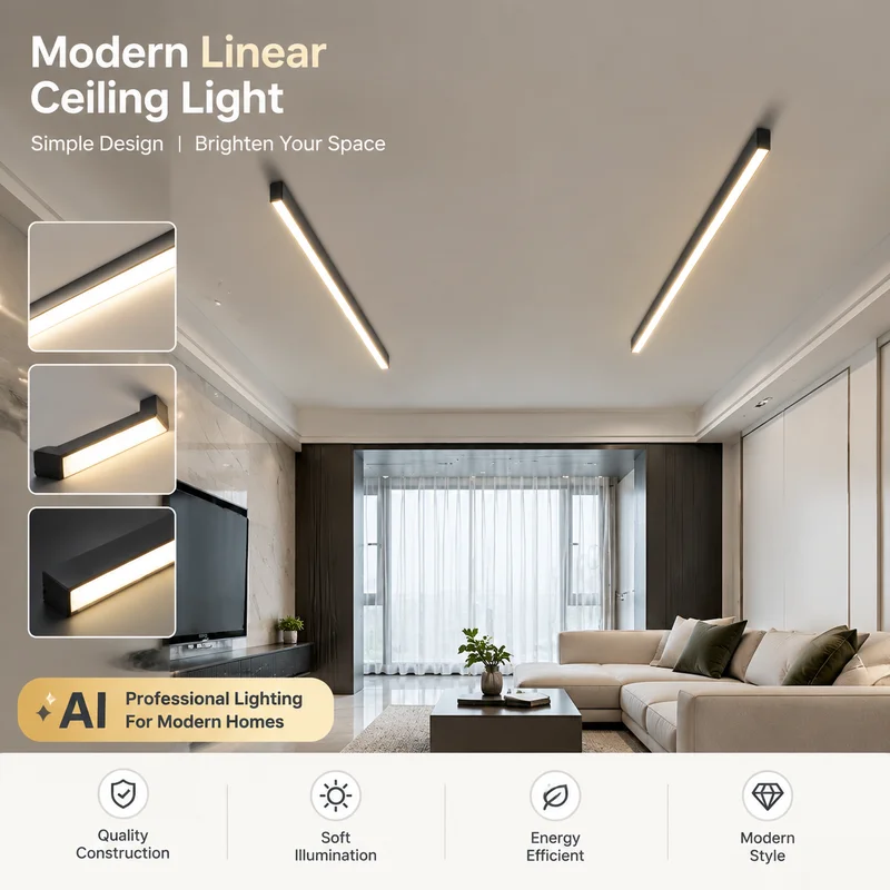 Linear Ceiling Light, Surface Mounted LED Strip Lamp, Aluminum, Dimmable, for Hallway Bedroom Dining Room Balcony, Home Lighting
